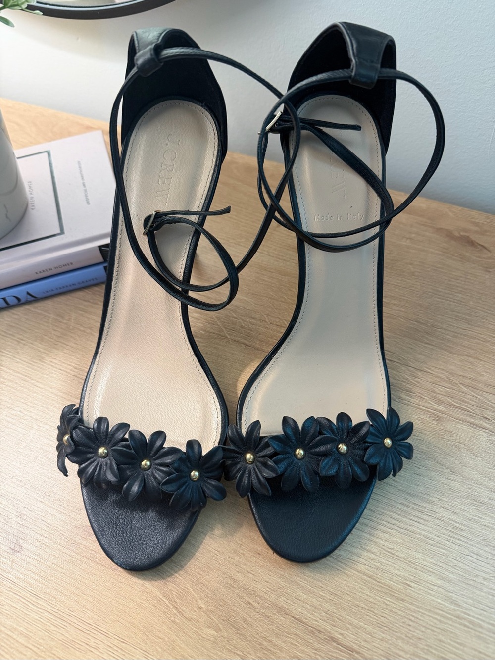 J Crew leather flower detail Black Ankle-Tie Heels